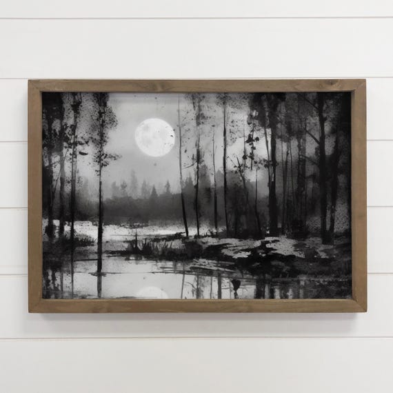 Moonlit Black Forest Nature Canvas Art Wood Framed Decor Wooden Sign