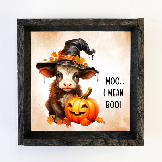Cow Witch Pumpkin Cute Baby Animal Fall Art Framed