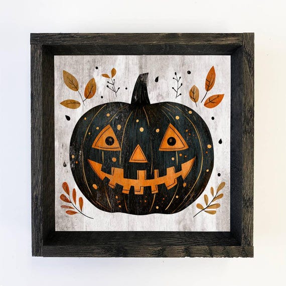 Folk Halloween Black Pumpkin Canvas Art Framed