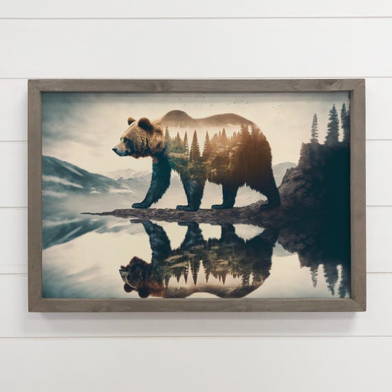 Bear Wall Art Double Exposure Cabin Wood Framed Photo
