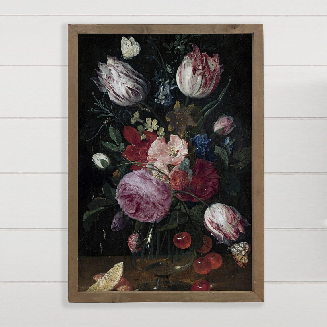 Vintage Dark Floral Bouquet Roses Tulips Butterflies Oil Art Poster