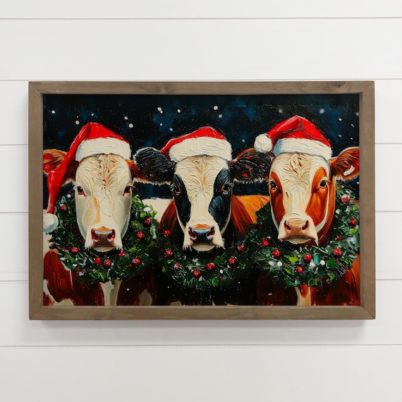 Three Christmas Cows in Santa Hats Festive Holiday Painted Poster