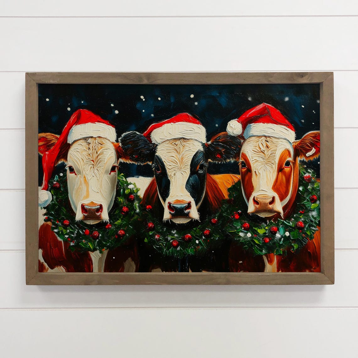 Three Christmas Cows in Santa Hats Festive Holiday Painted Poster