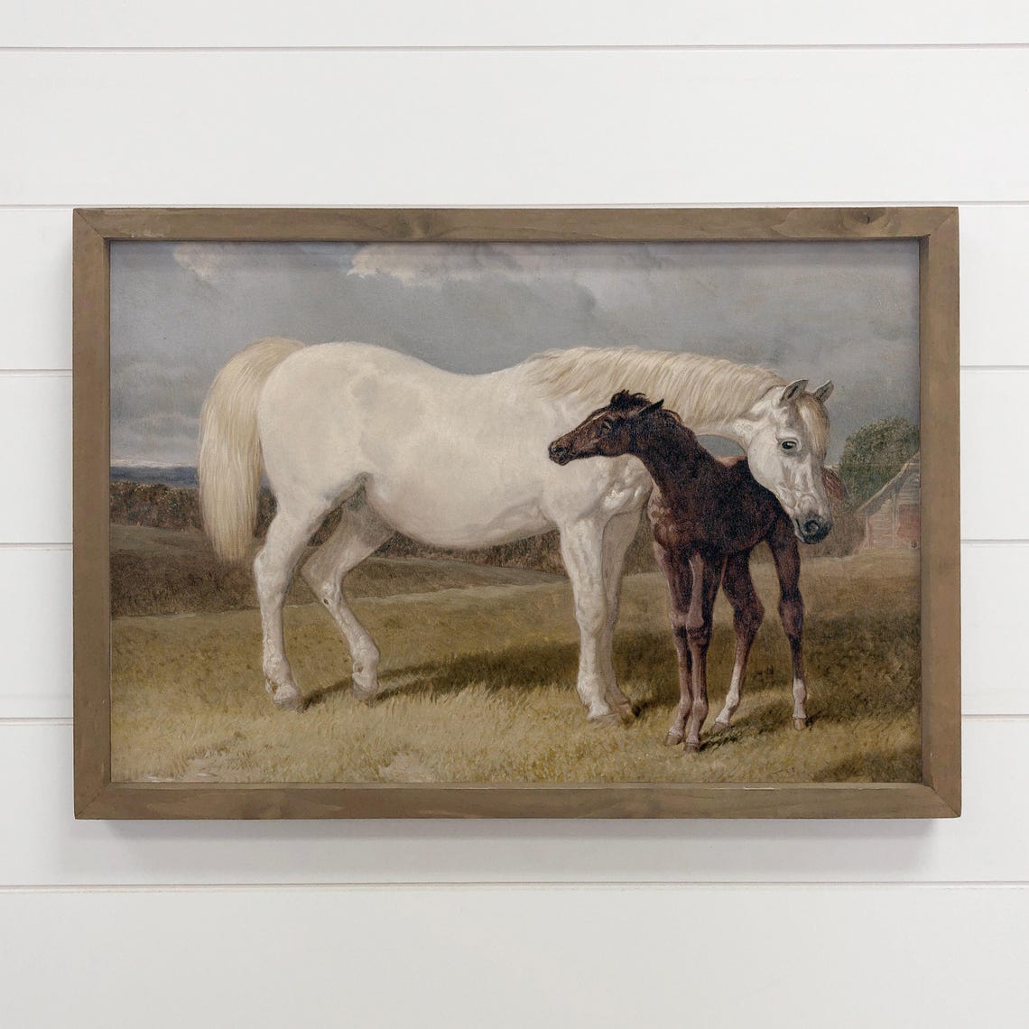 White Mare with Dark Foal Vintage Equestrian Painting Poster