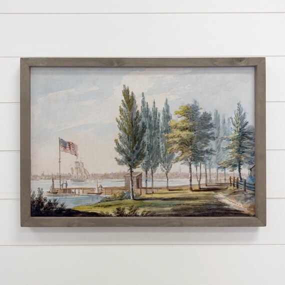 American Flag on Delaware River Colonial Sailing Ship Watercolor Poster