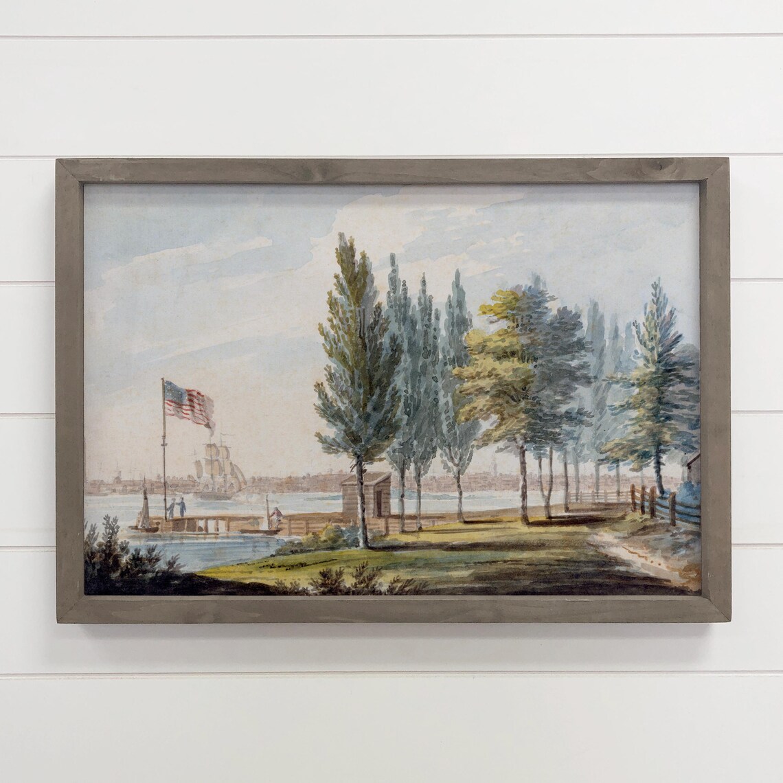 American Flag on Delaware River Colonial Sailing Ship Watercolor Poster