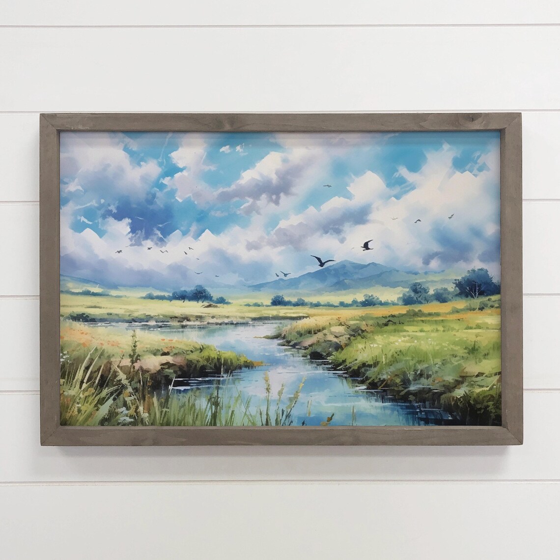 River Wetland Birds Mountain Watercolor Landscape Art Poster