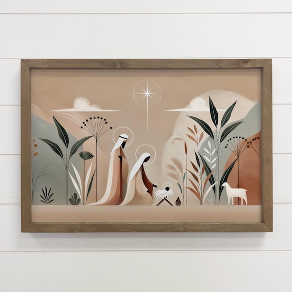 Modern Boho Nativity Scene Botanical Christmas Minimal Wall Art