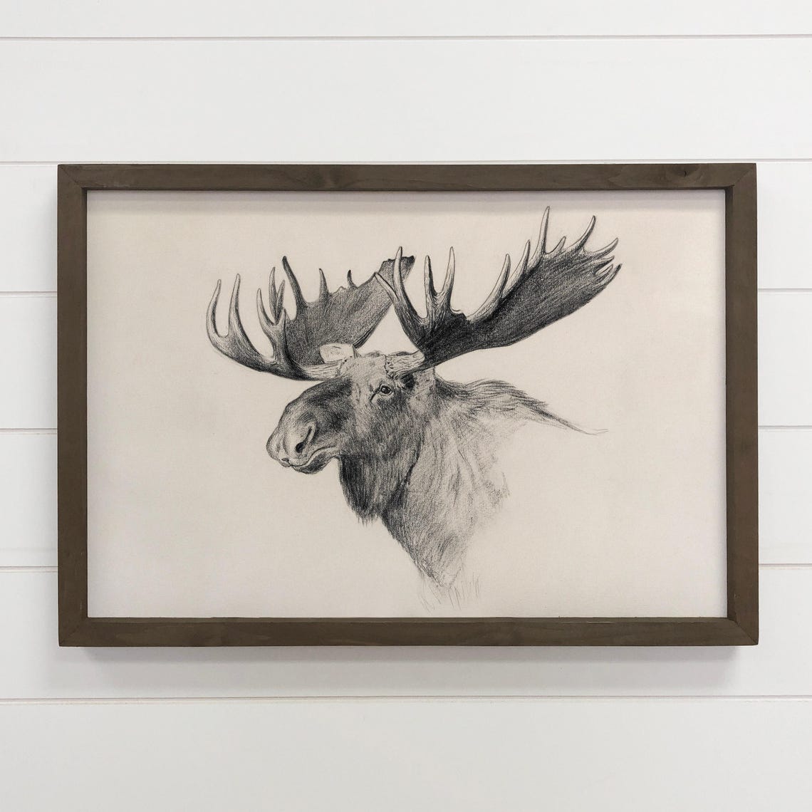 Moose Bull Antlers Charcoal Sketch Rustic Wildlife Art Poster