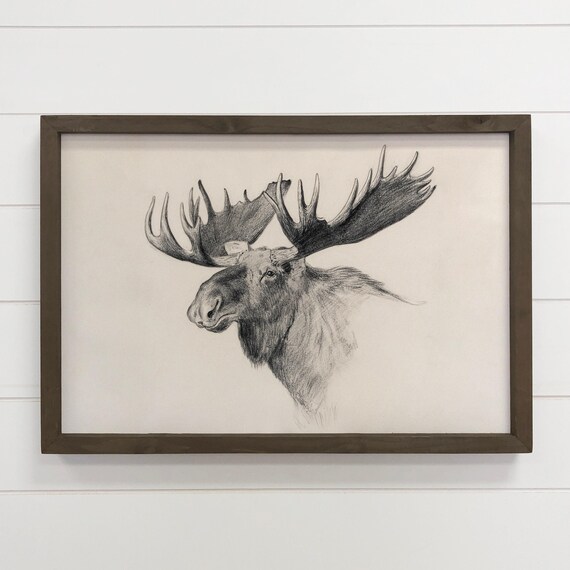 Moose Sketch Wildlife Canvas Wood Framed Decor