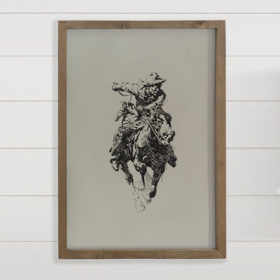 Galloping Cowboy Rodeo Rider Vintage Ink Sketch Western Art Poster