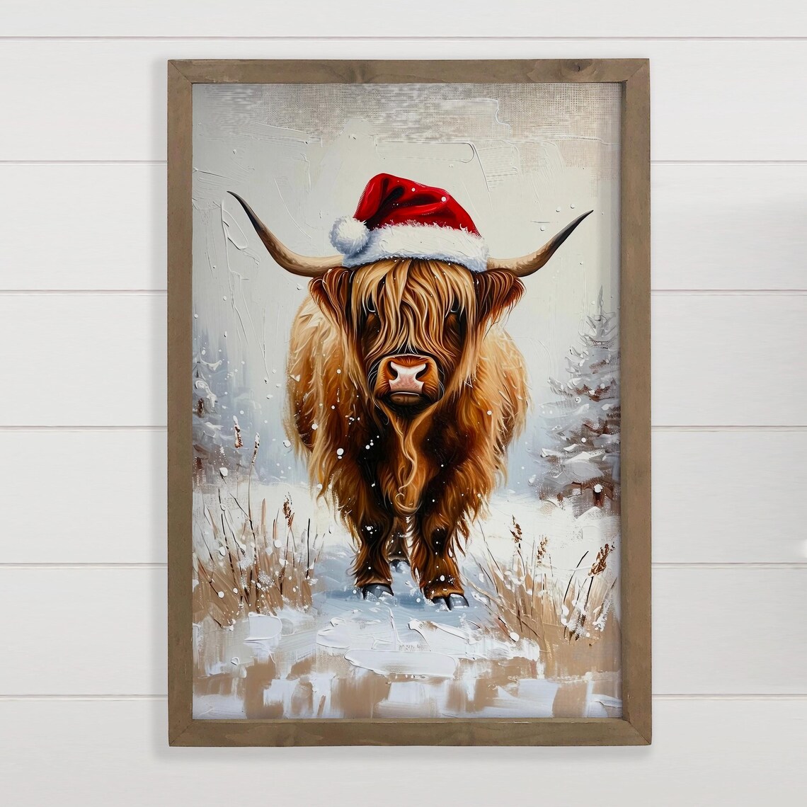 Highland Cow Santa Hat Snowy Christmas Farmhouse Holiday Art Poster