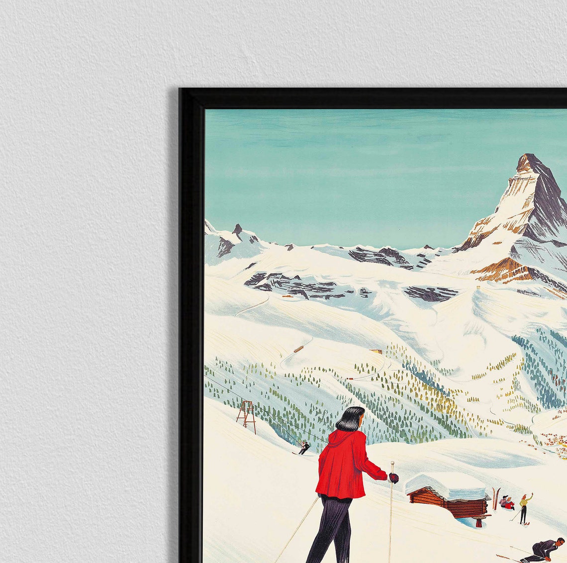 Skiing Poster Swiss Travel Art Swiss Ski Poster Sports Retro Decor Mountain Art Suisse Europe European Travel Zermatt Skiing Poster - Image 2