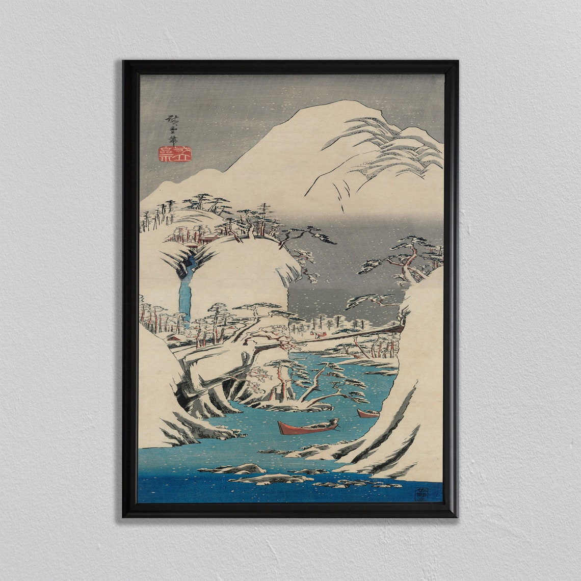 Hiroshige Snowy Mountain River Boats Winter Japanese Woodblock Poster