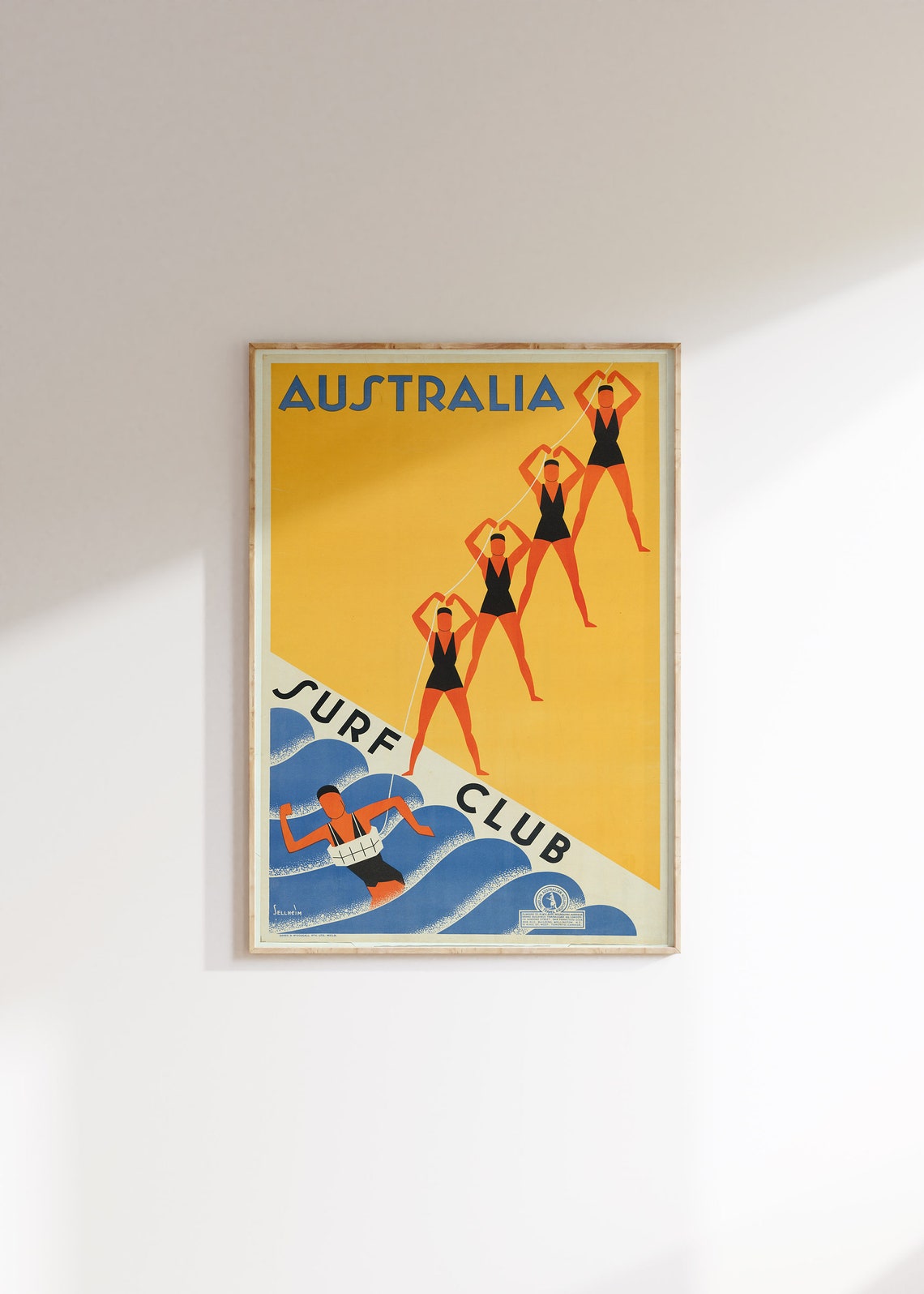 Australia Surf Club Art Deco Yellow Swimmers Blue Waves Vintage Poster