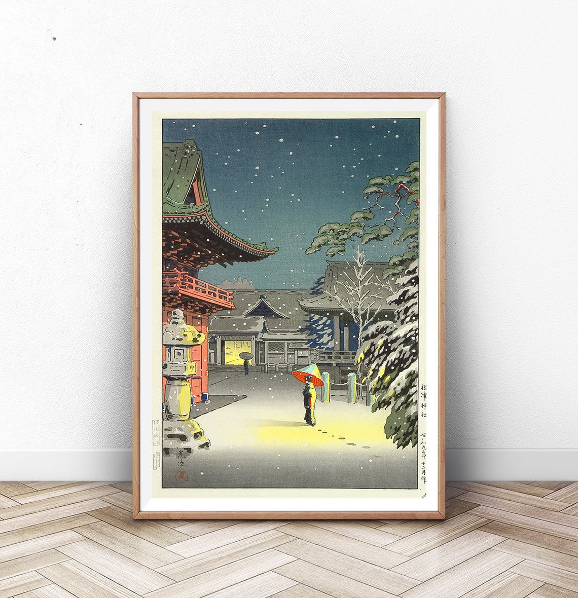 Japanese Woodblock Snowy Temple Courtyard Night Umbrella Scene Poster