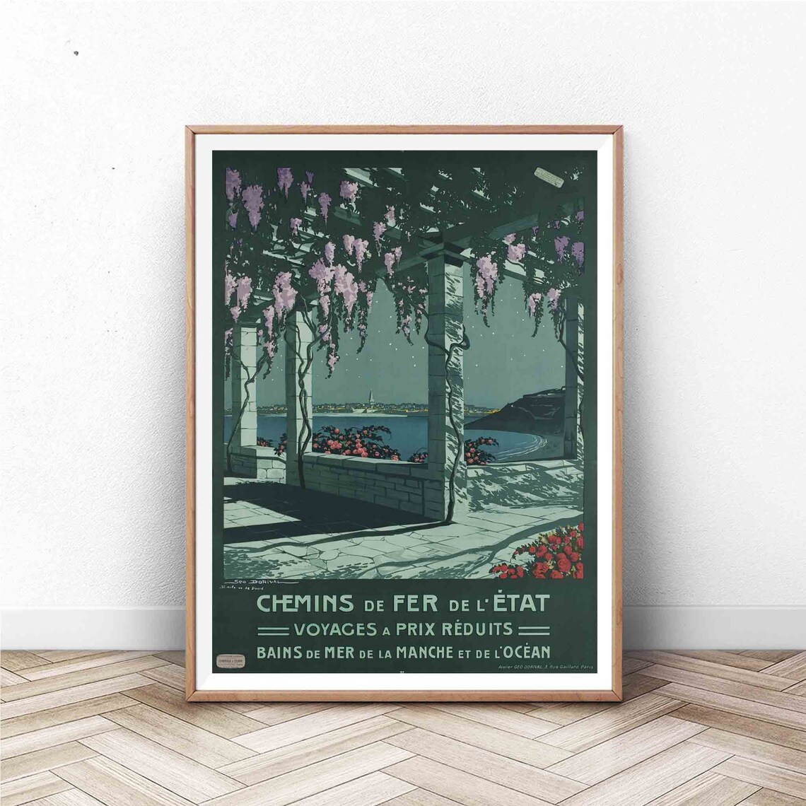 French Railway Night Sea Pergola Wisteria Vintage Travel Poster