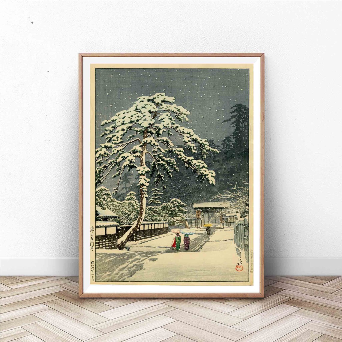Japanese Woodblock Snowy Pine Temple Gate Winter Shin Hanga Poster