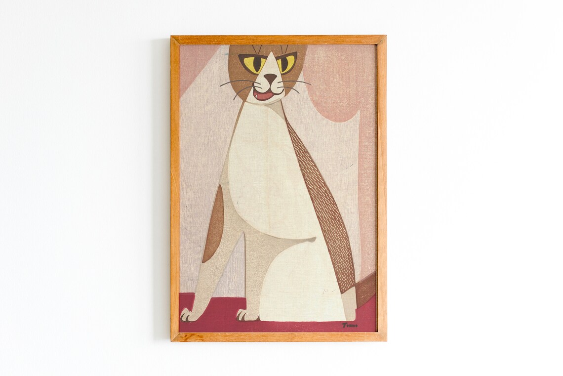 White Cat Japanese Woodblock Tama Signed Vintage Feline Art Print - Image 2
