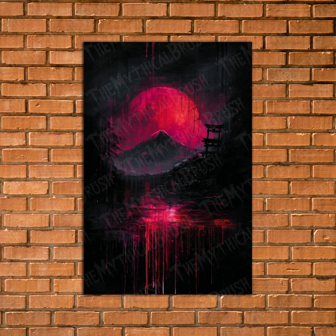 Red Sun Torii Gate Dark Mountain Black Dripping Paint Art Poster