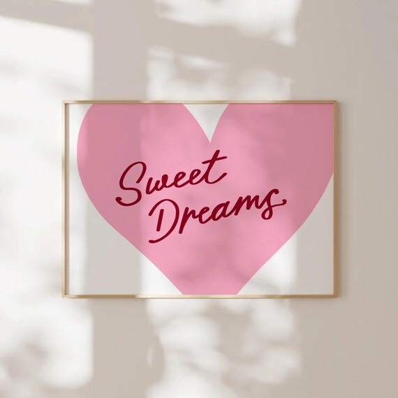 Sweet Dreams Pink Heart Script Quote Cute Bedroom Wall Art Decor