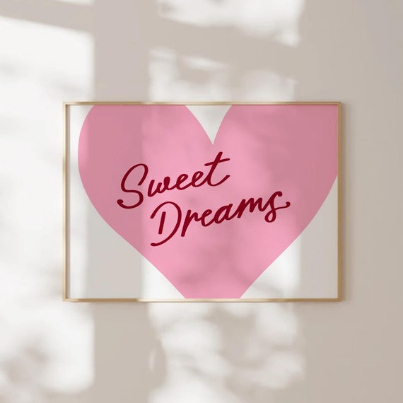 Sweet Dreams Print Above Bed Horizontal Print Pink Heart Wall Art Dorm Room Prints Teen Girl Bedroom Prints Aesthetic