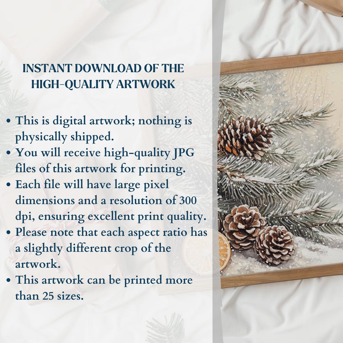 Snowy Pine Branches with Pinecones and Orange Slice Art Print - Image 2