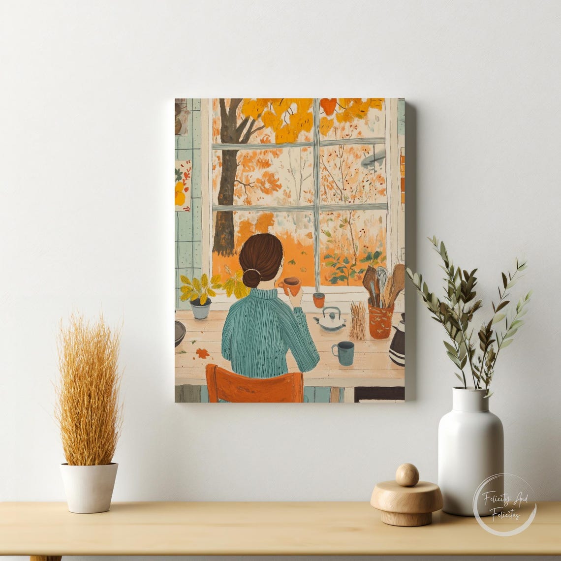 Autumn Window Woman Coffee Golden Foliage Kitchen Warm Wall Art - Image 6