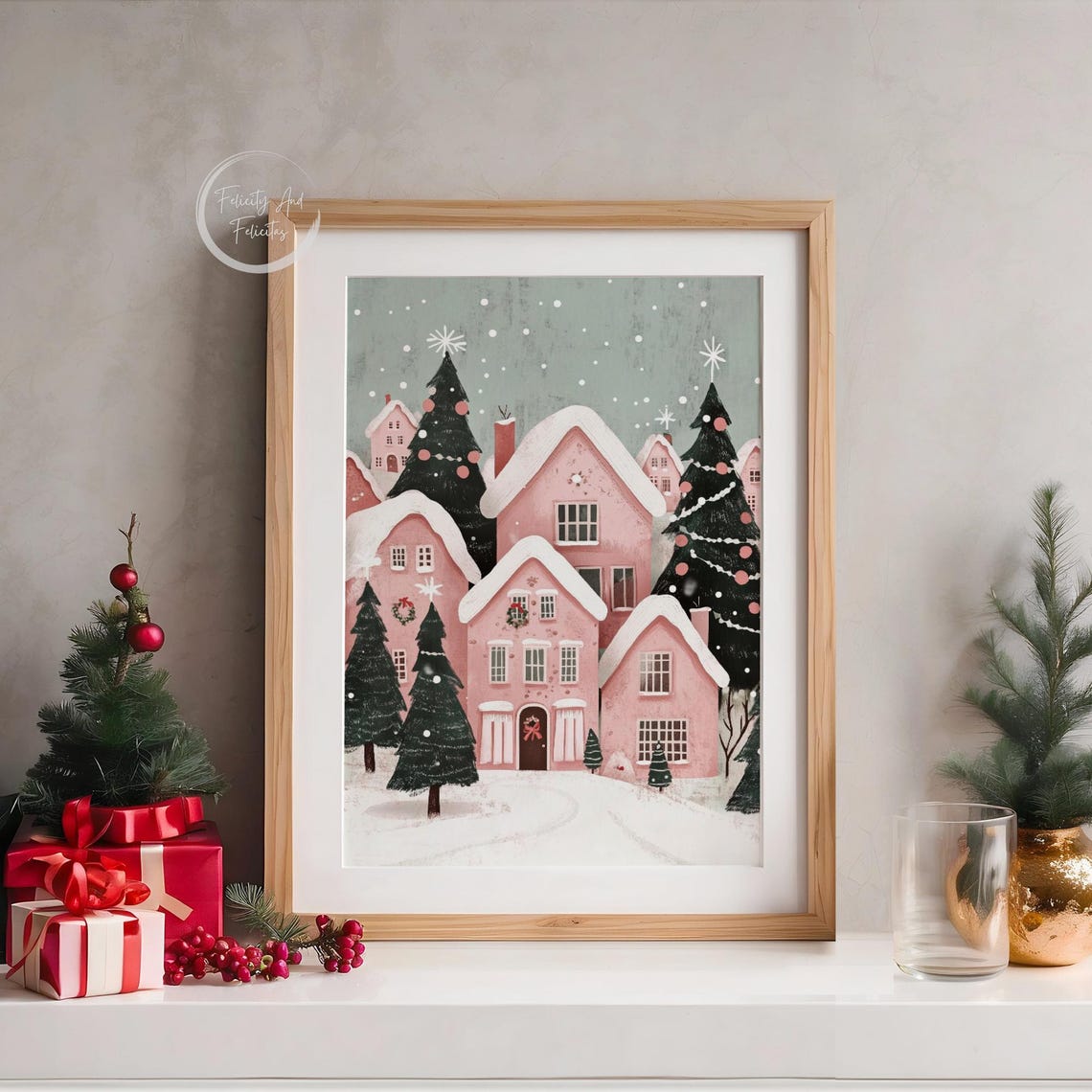 Pink Christmas Village with Decorated Evergreens Snowfall Poster - Image 5