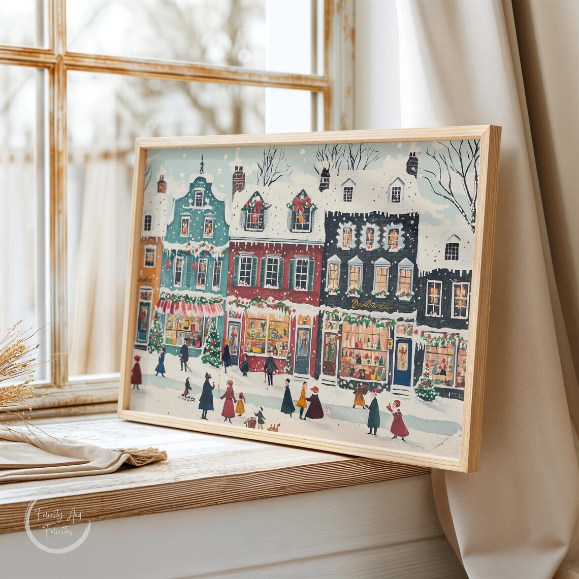 Cheerful Snowy Christmas Town Street Storefronts Joyful Wall Art - Image 6