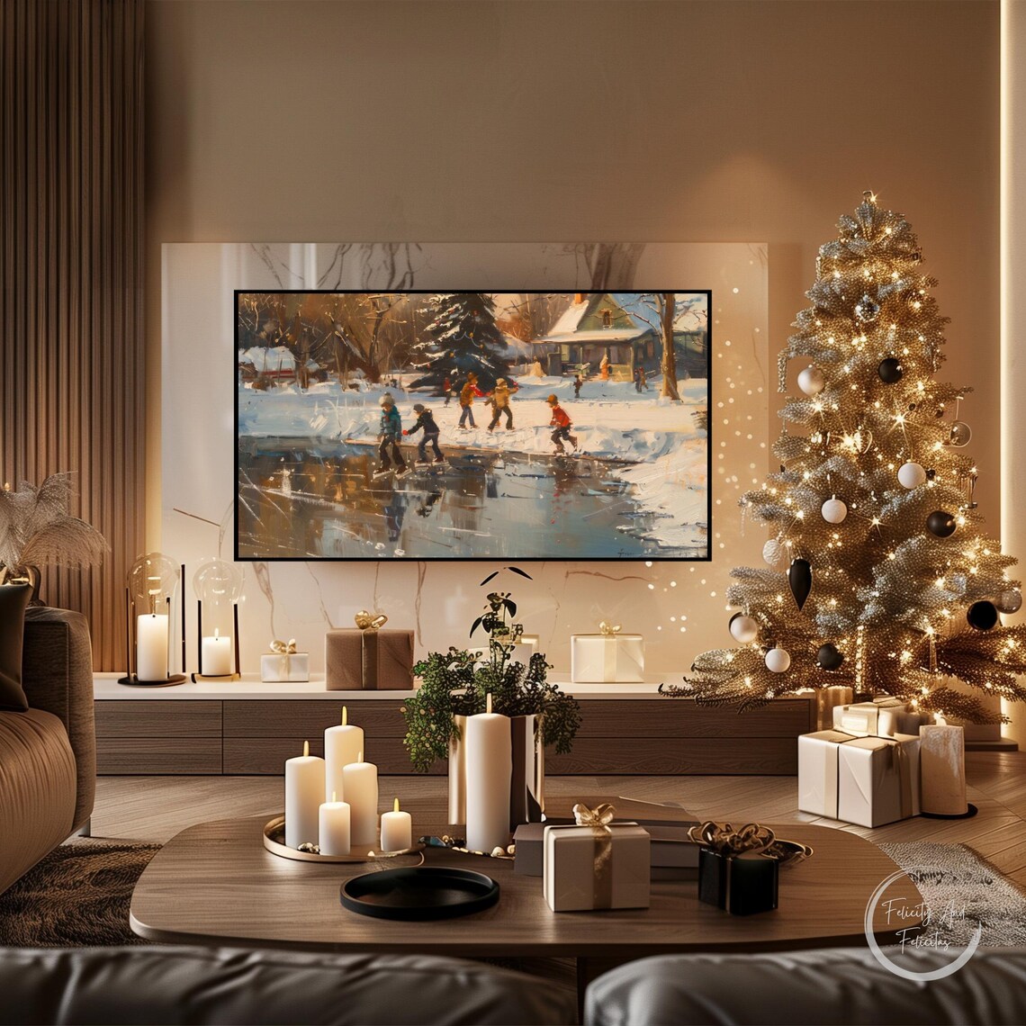 Children Ice Skating Frozen Pond Sunset Farmhouse Winter Poster - Image 4