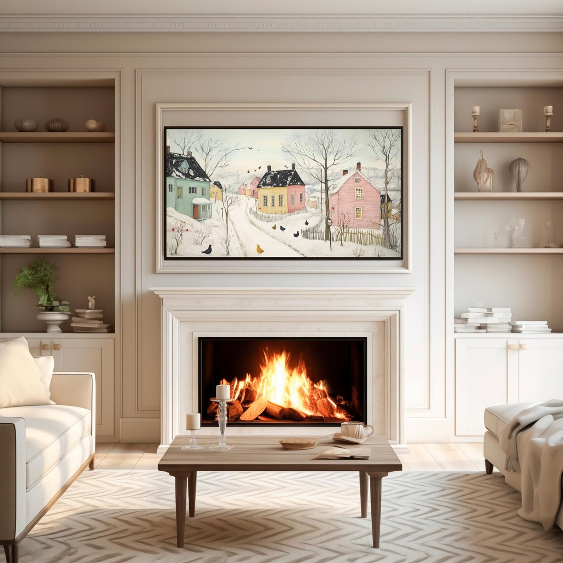 Pastel Snowy Village Street with Winter Birds Frame TV Art Poster - Image 4