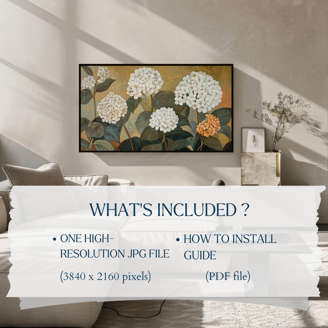 White Hydrangea Blossoms Golden Background Botanical Frame TV Art Poster - Image 2