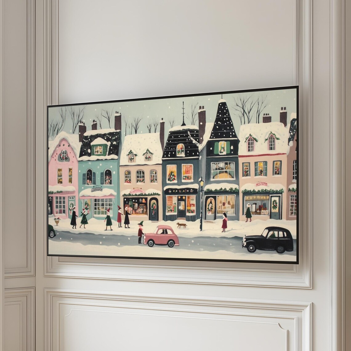 Retro Snowy Christmas Town Shops Vintage Cars Frame TV Art Poster - Image 5