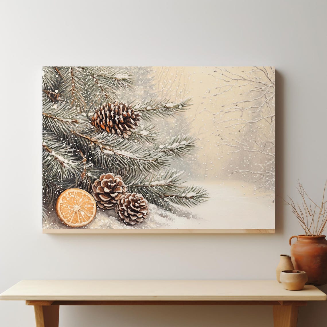Snowy Pine Branches with Pinecones and Orange Slice Art Print - Image 4