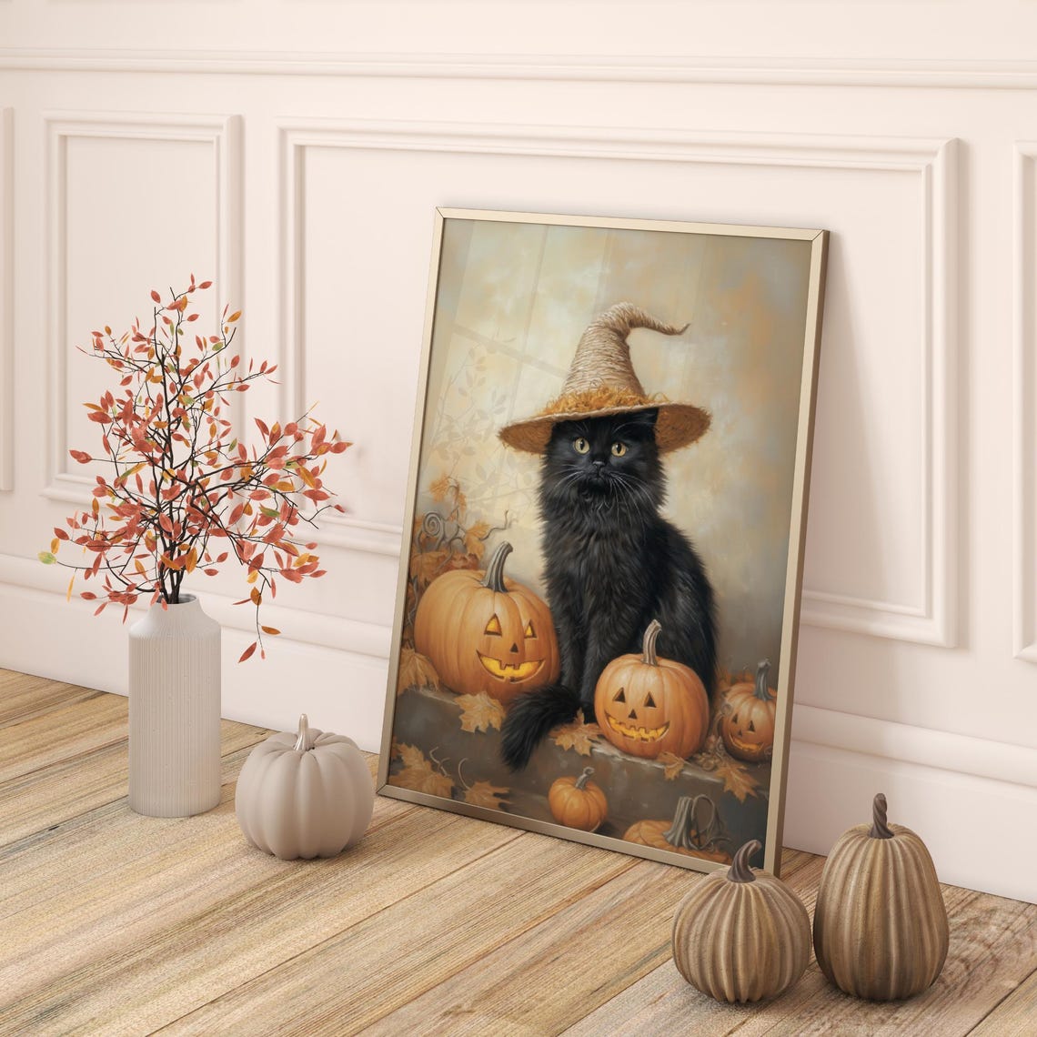 Black Cat Witch Hat Jack O Lantern Pumpkins Halloween Wall Art - Image 5