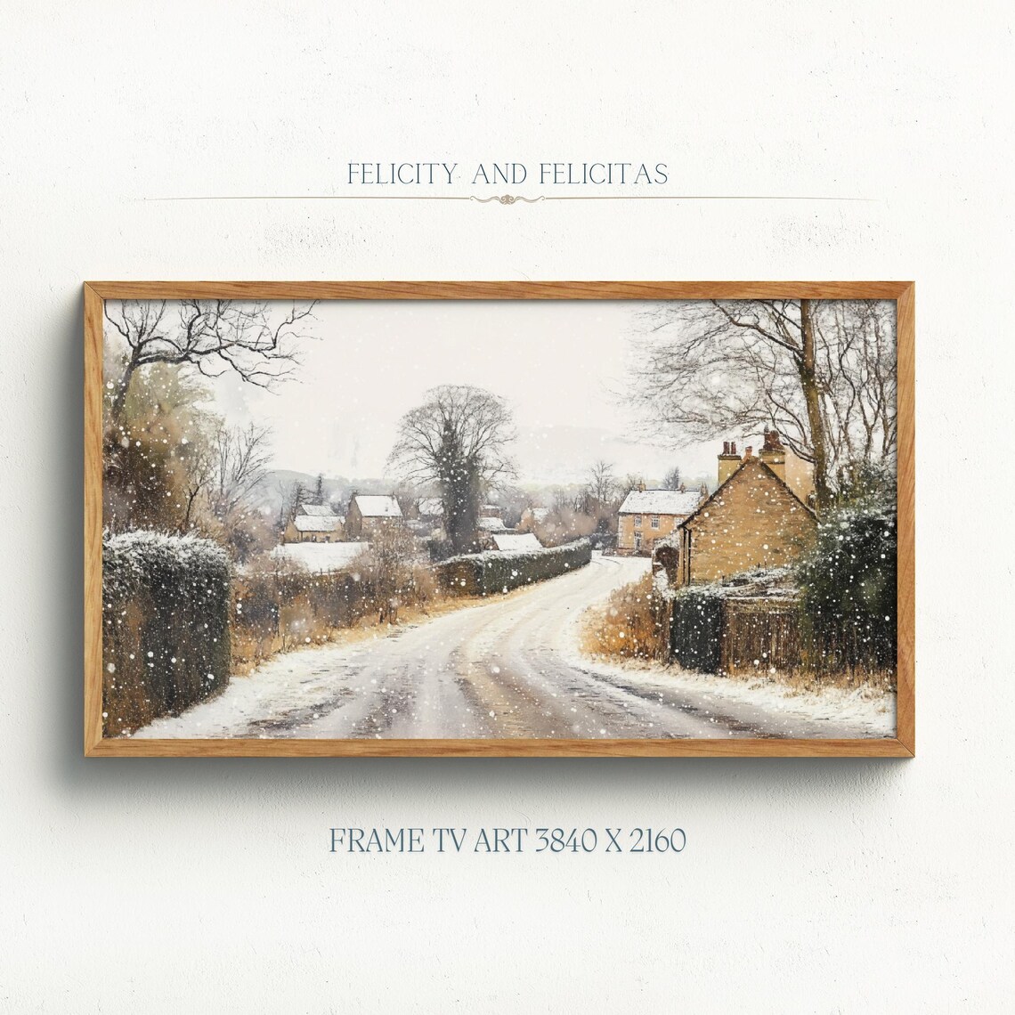Winter Snowy Country Lane Cottages Falling Snow Frame TV Art Poster