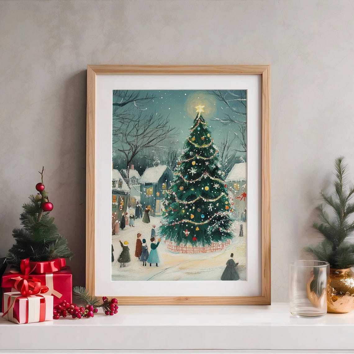 Christmas Tree Night Snowy Village Square Gathering Wall Art - Image 5