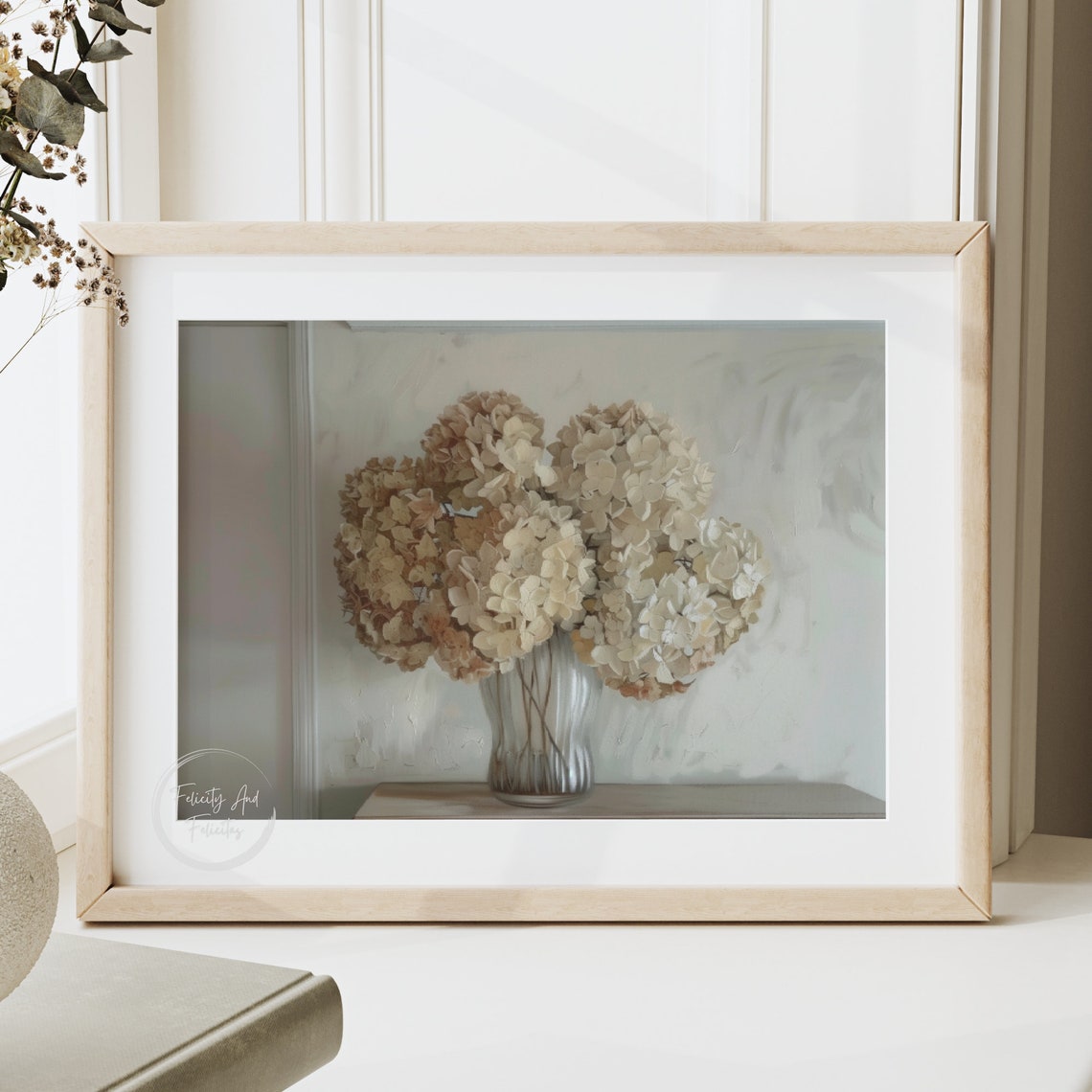 Muted Neutral Hydrangeas Glass Vase Vintage Botanical Wall Art - Image 6