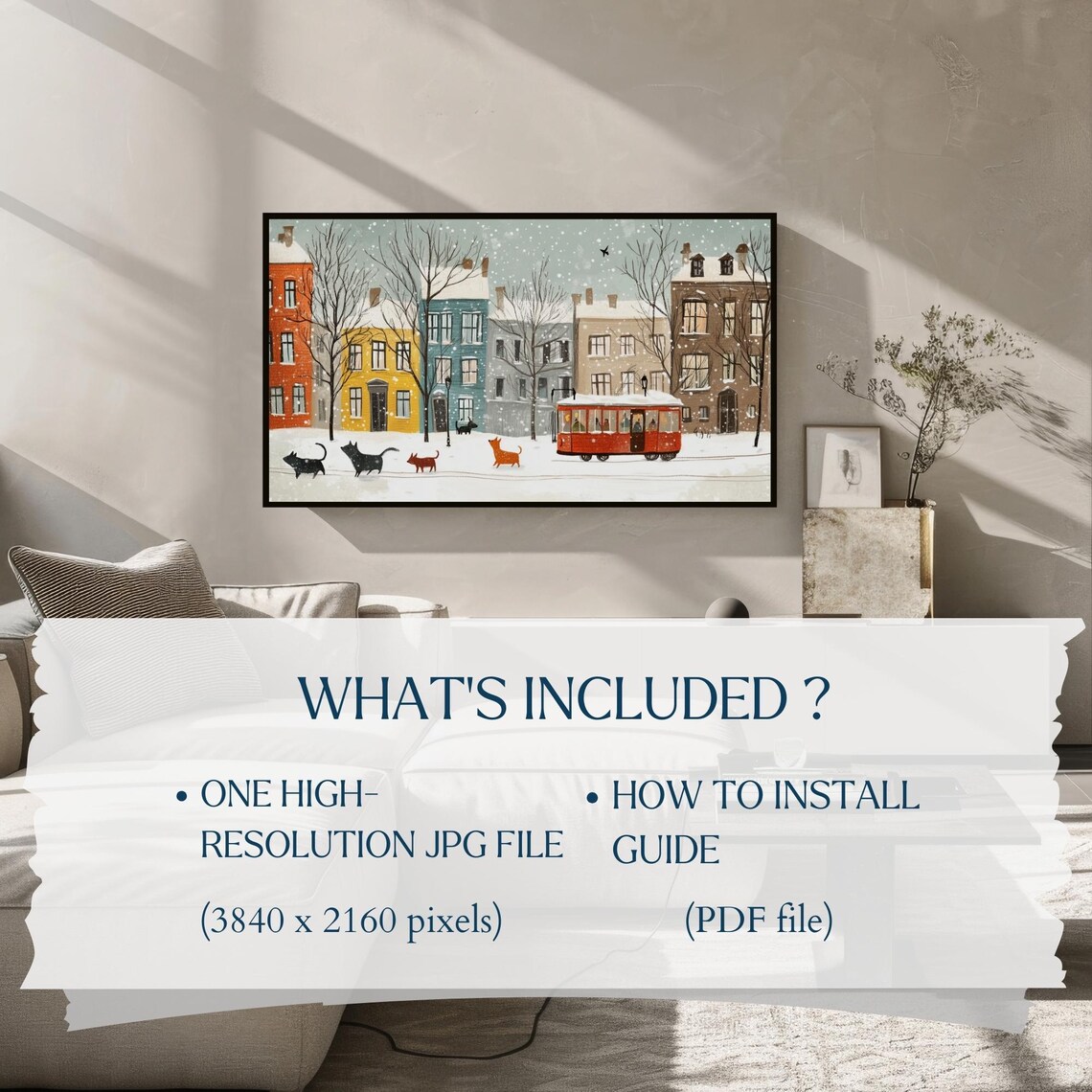 Winter City Street Red Tram Snowy Cats Falling Snow Frame TV Art Poster - Image 2
