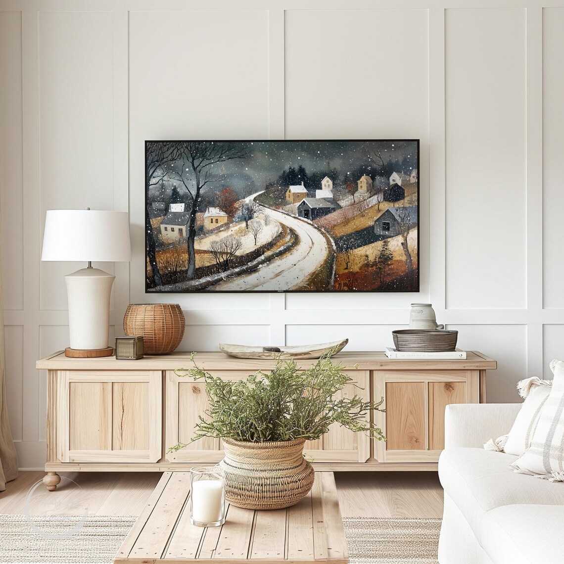 Moody Snowy Village Road At Dusk Falling Snow Landscape Poster - Image 3