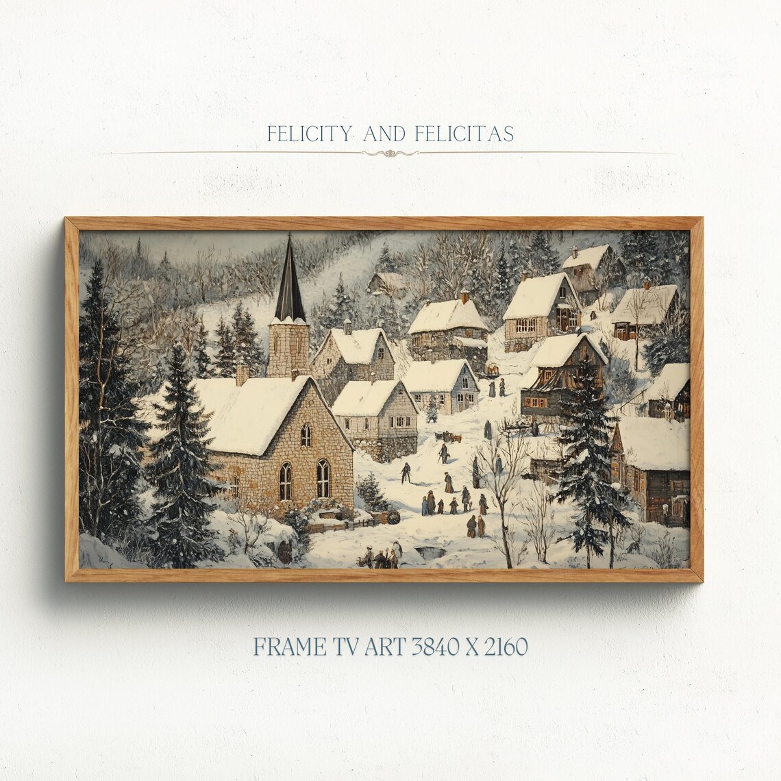 Vintage Snowy Village Church Stone Cottages Winter Art Poster