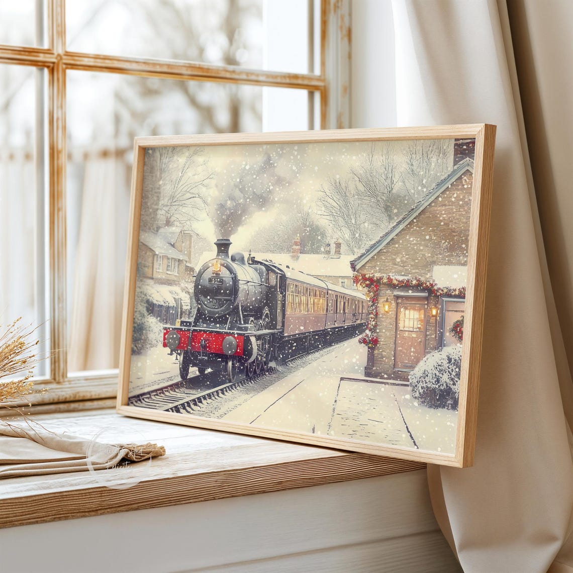 Vintage Christmas Steam Train Snowy Station Holiday Scene Poster - Image 3