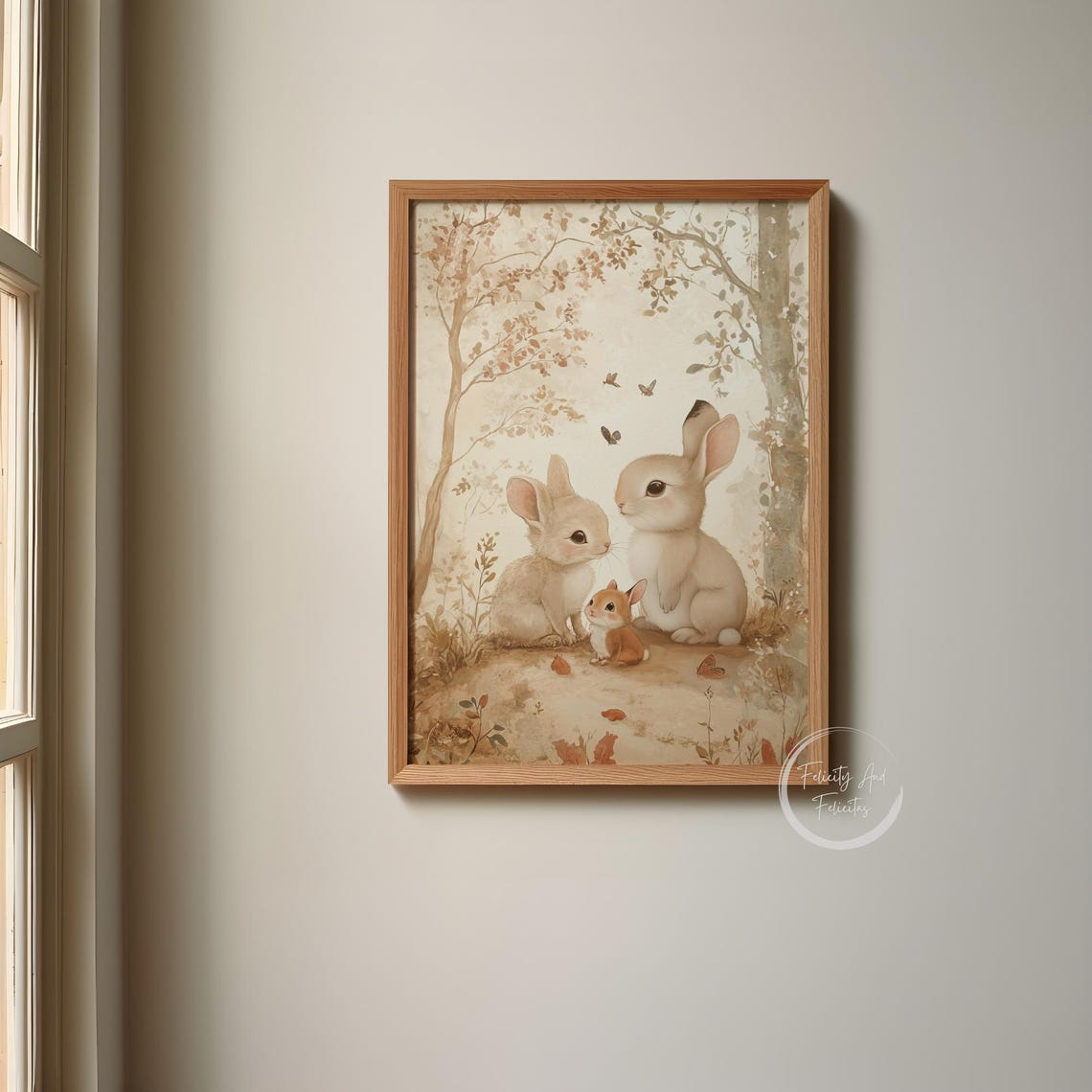 Three Bunnies in Autumn Woodland Watercolor Nursery Wall Art - Image 5