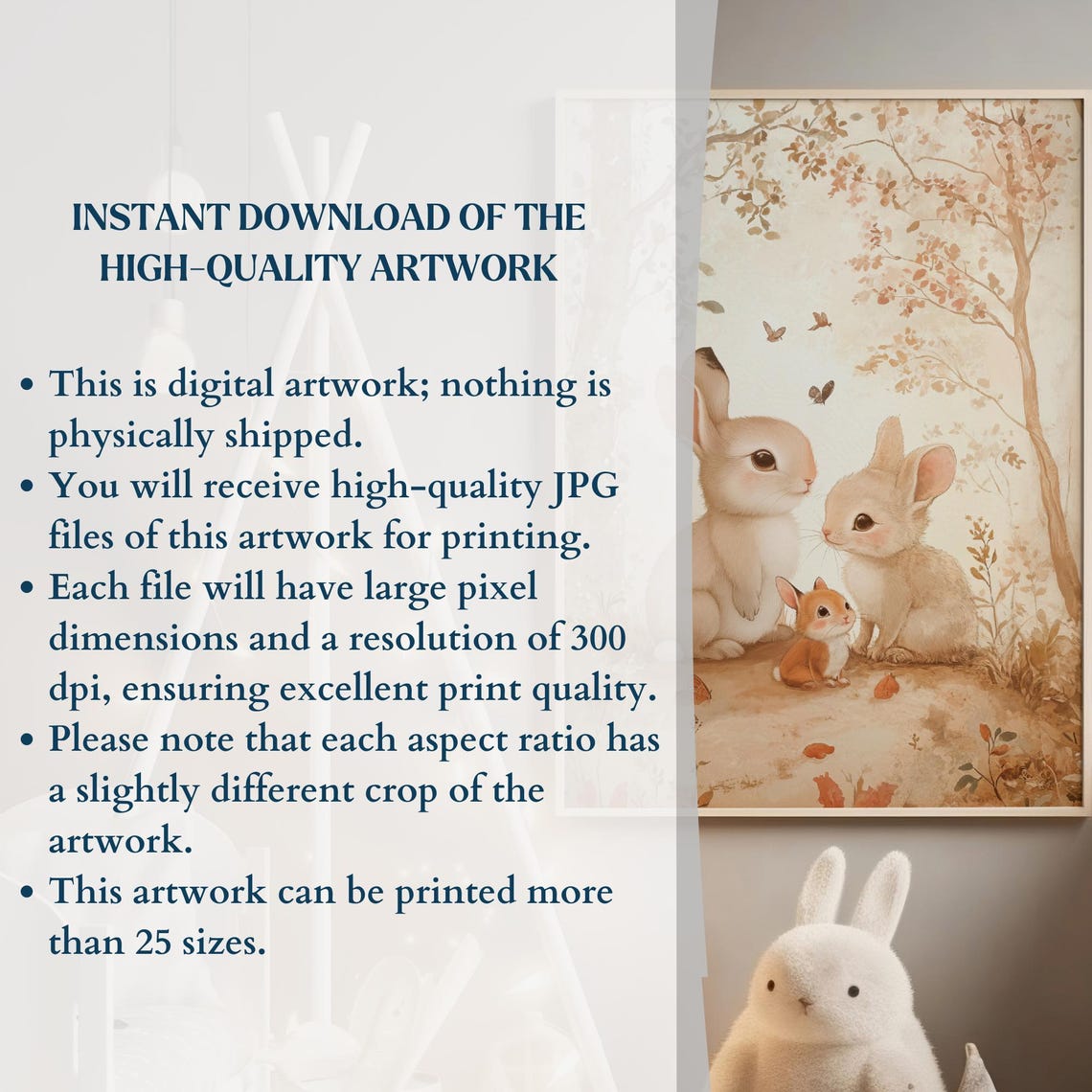 Three Bunnies in Autumn Woodland Watercolor Nursery Wall Art - Image 2