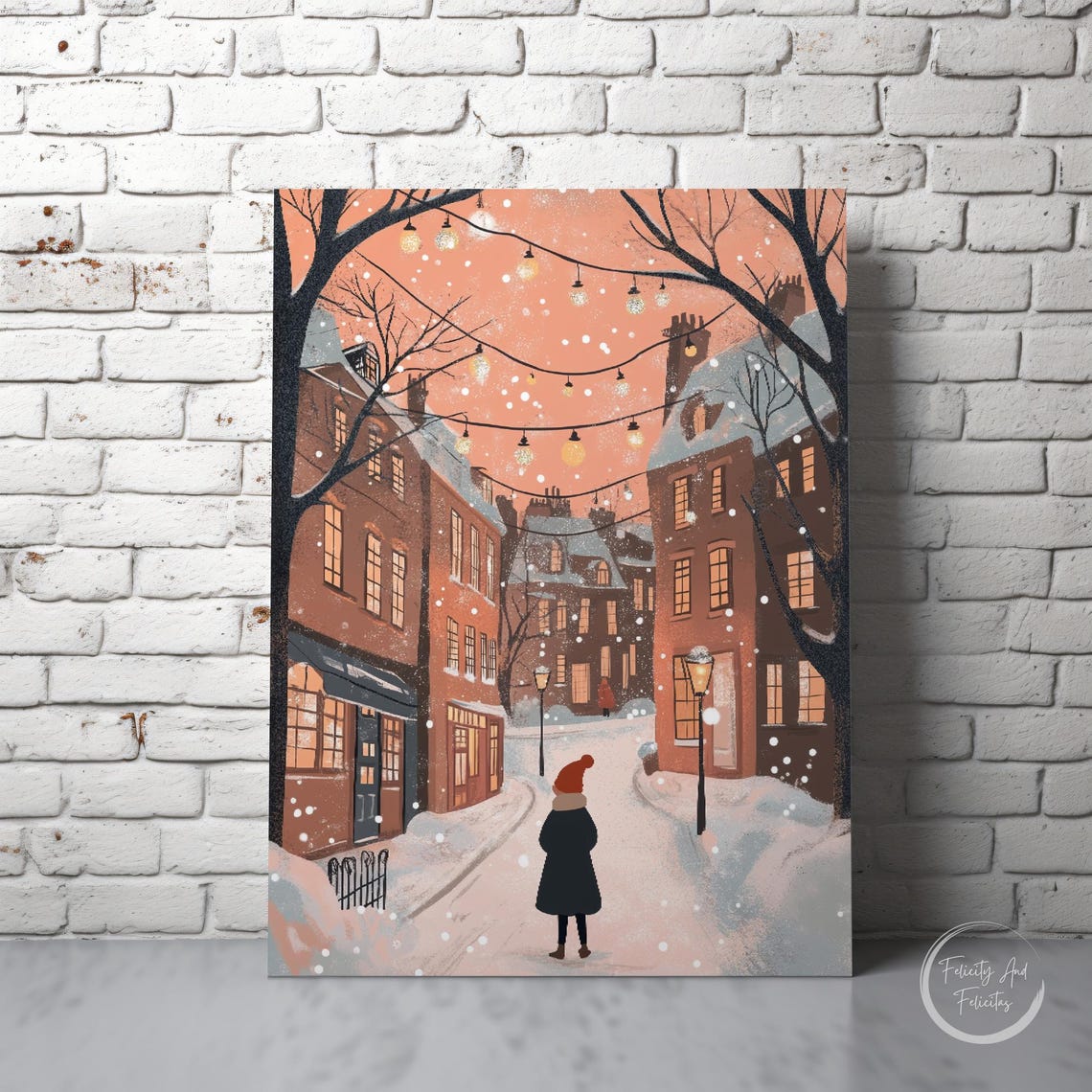 Cozy Winter Street Brownstones String Lights Snowy Night Poster - Image 6