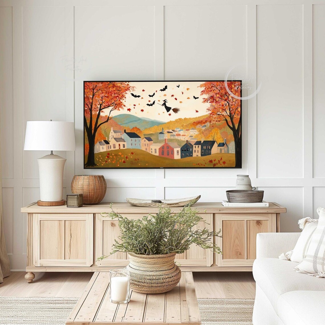 Witch Flying Broomstick Bats Autumn Village Halloween Art Poster - Image 5