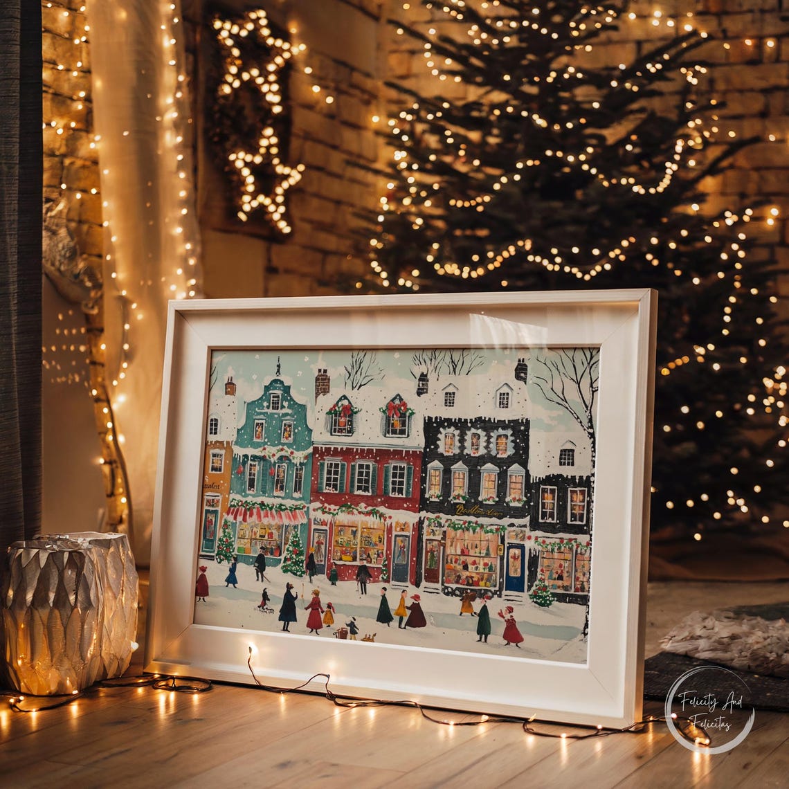 Cheerful Snowy Christmas Town Street Storefronts Joyful Wall Art - Image 5