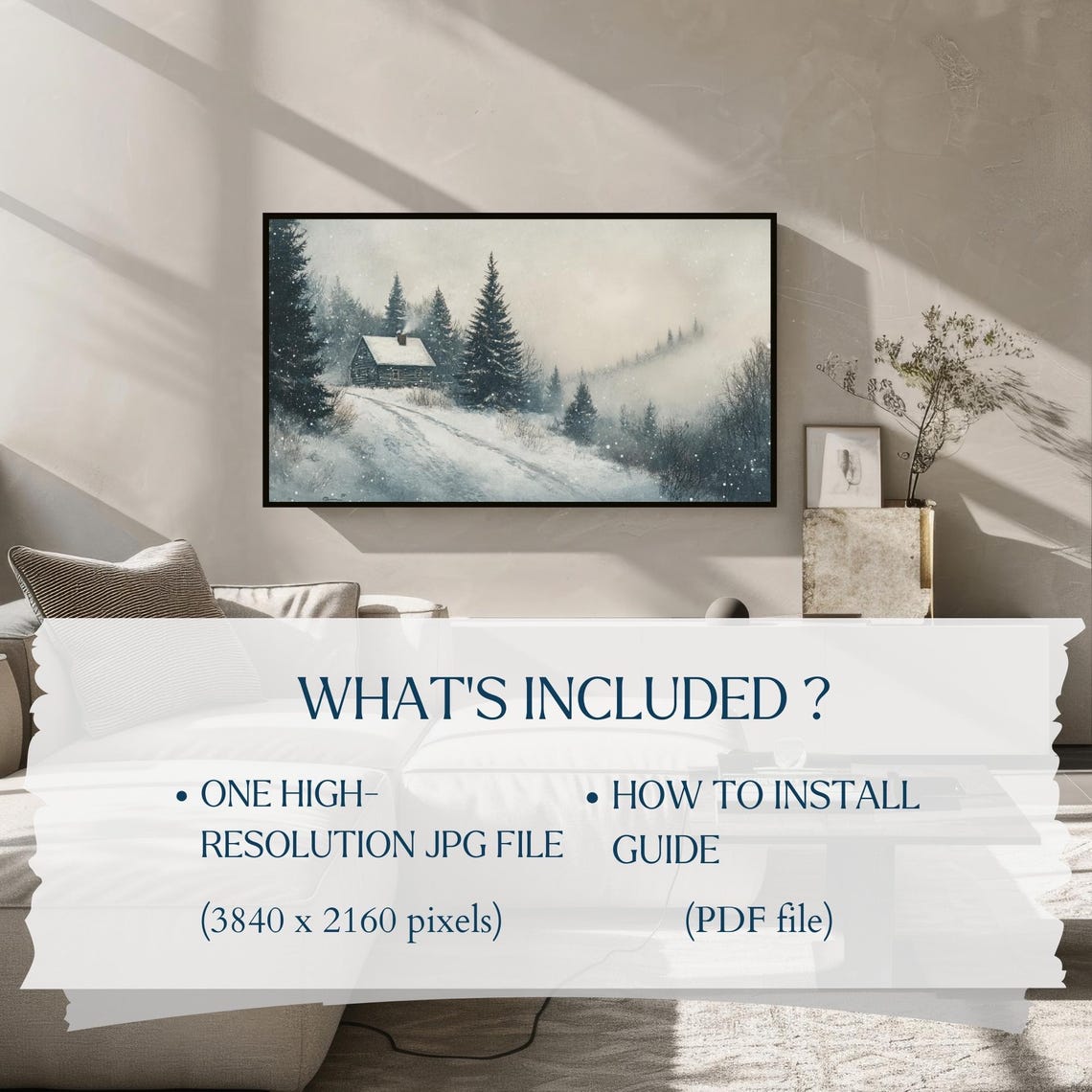Vintage Winter Log Cabin Pines Falling Snow Landscape Poster - Image 2