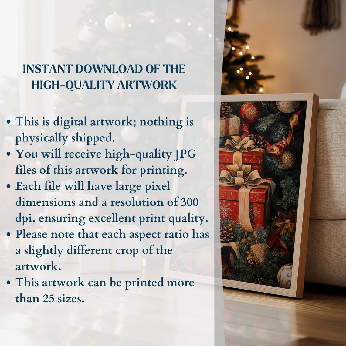 Red Christmas Gifts Gold Bows Pine Branches Ornaments Art Poster - Image 3